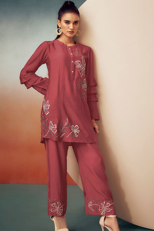 Exclusive Rusty Red Embroidered Tunic With Trouser Set