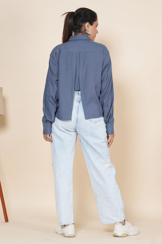 Exclusive Blue Crop Linen Slit Back Shirt With Thread Work Embroidery