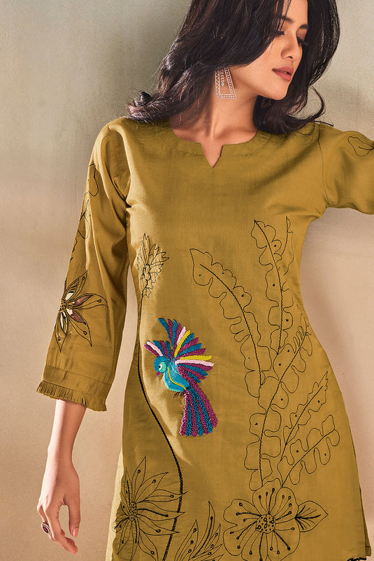 Exclusive Mustard Green Embroidered Tunic Set With Cut Work