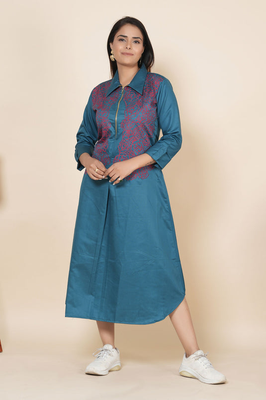 Exclusive Teal Blue Embroidered Thread Work Poplin Dress