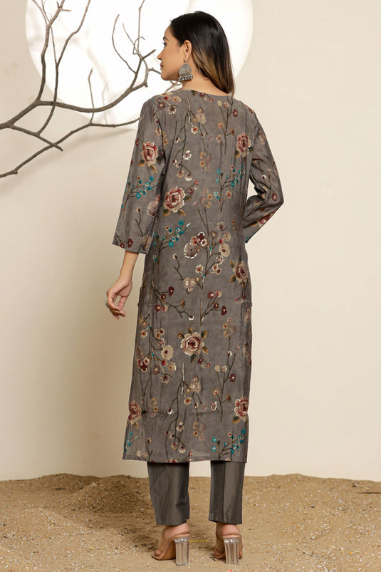 Exclusive Ash Grey Floral Printed Embroidered Muslin Ethnic Set With Dupatta