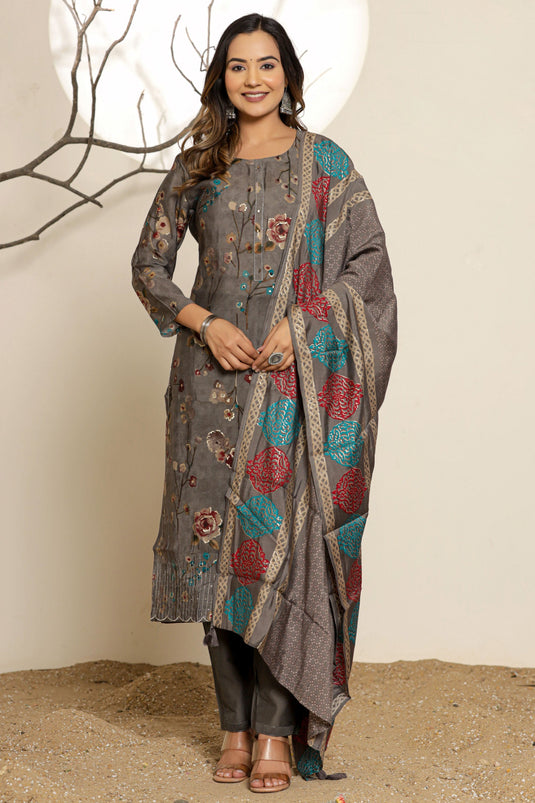 Exclusive Ash Grey Floral Printed Embroidered Muslin Ethnic Set With Dupatta