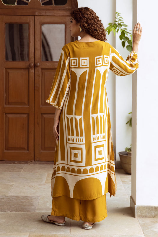 Exclusive Mustard Yellow Abstract Geometric Print Ethnic Set