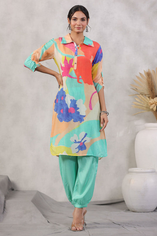 Exclusive Sea Green Abstract Printed Shirt Style Kurta With Indowestern Salvar