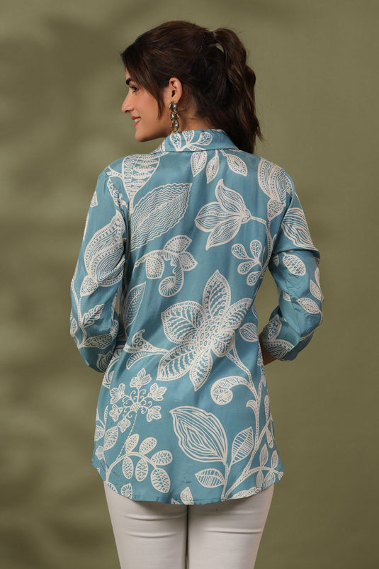 Exclusive Light Blue Floral Print Russian Silk Tunic