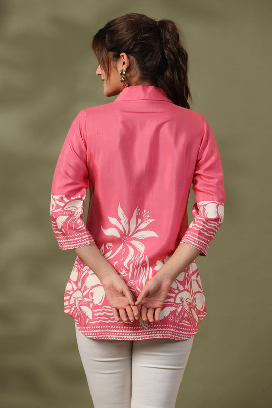 Exclusive Rose Pink Cololr Floral Printed Russian Silk Tunic