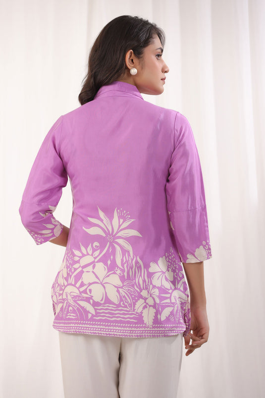 Exclusive Levender Floral Printed Russian Silk Tunic