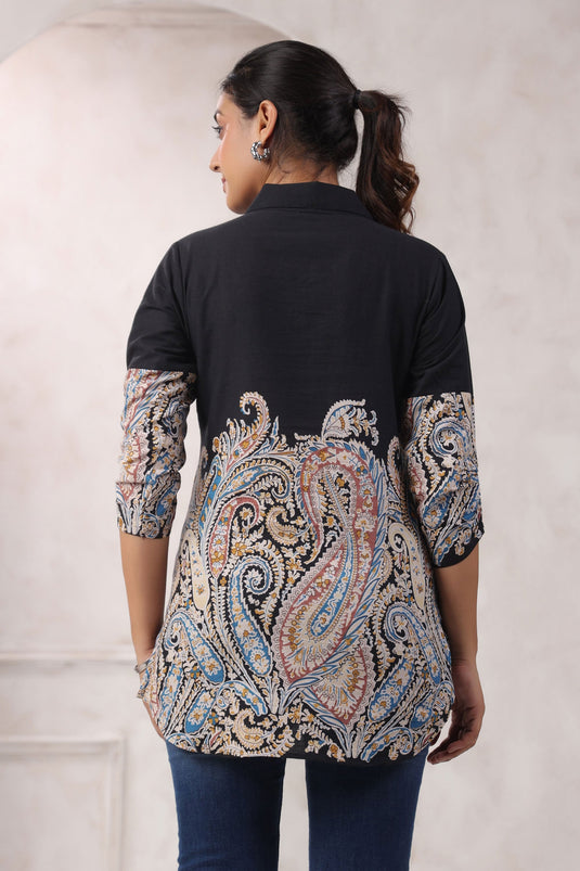 Exclusive Black Floral Printed Cotton Tunic