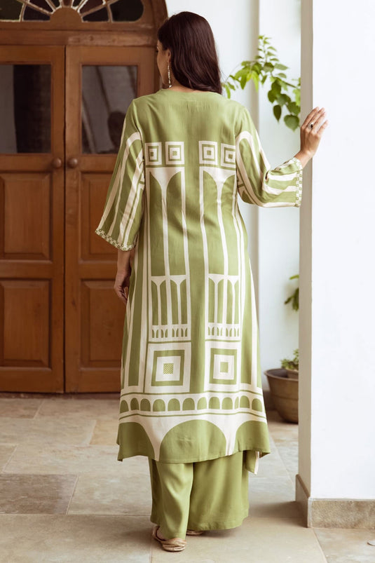 Exclusive Sage Green Abstract Geometric Print Ethnic Set