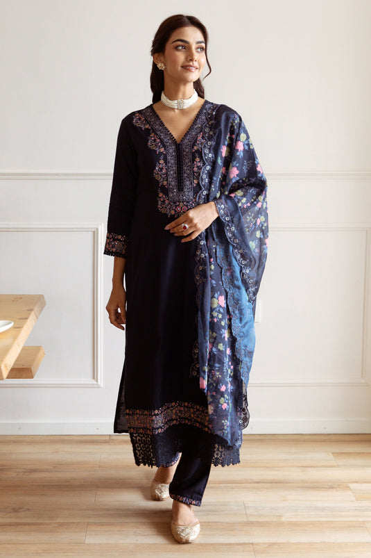 Exclusive Navy Blue Floral Embroidery Ethnic Set With Dupatta