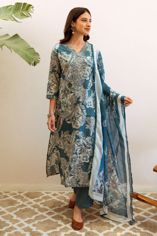 Exclusive Blue Turquoise Floral Printed Ethnic Set With Embroidery And Dupatta