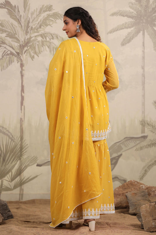 Exclusive Pastel And Bling Yellow Sharara Ethnic Set With Dupatta