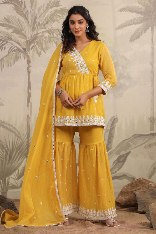 Exclusive Pastel And Bling Yellow Sharara Ethnic Set With Dupatta