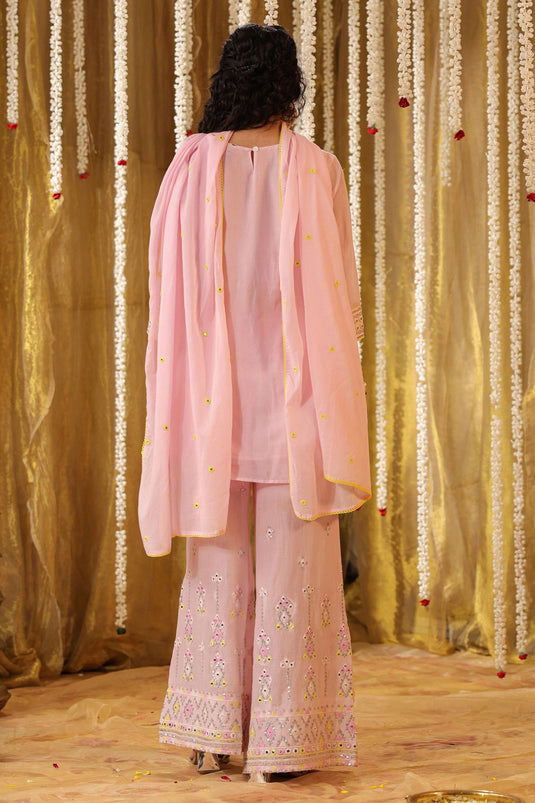 Exclusive Pastel And Bling Pink Short Kurta Ethnic Set With Dupatta