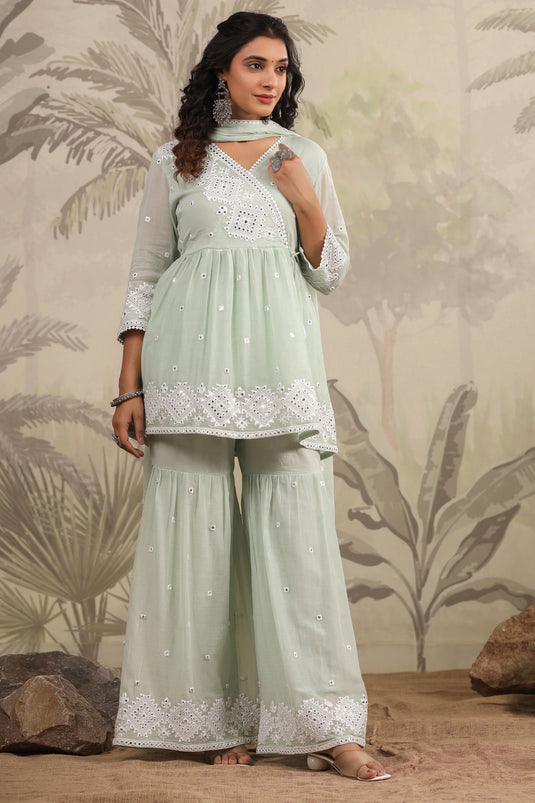 Exclusive Pastel And Bling Sage Green Ethnic Sharara Set With Dupatta