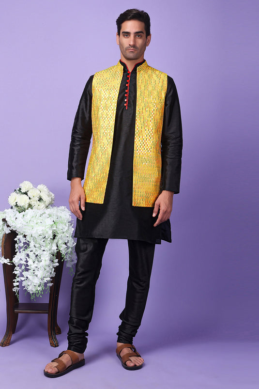 Moss Black Color Art Silk Fabric Readymade Men Kurta Pyjama With Embroidered Jacket Set