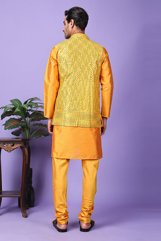 Gorgeous Orange Color Art Silk Fabric Function Wear Readymade Kurta Pyjama For Men With 3 Pcs Embroidered Jacket Set