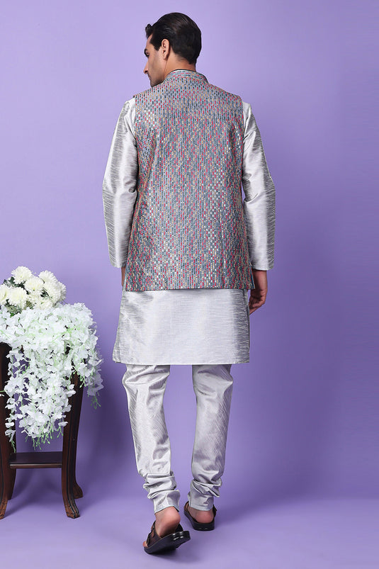 Art Silk Fabric Grey Color Festive Wear Readymade Stunning Kurta Pyjama For Men With 3 Pcs Embroidered Jacket Set