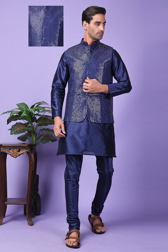 Art Silk Fabric Navy Blue Color Festive Wear Readymade Men Stylish Kurta Pyjama With Embroidered Jacket set