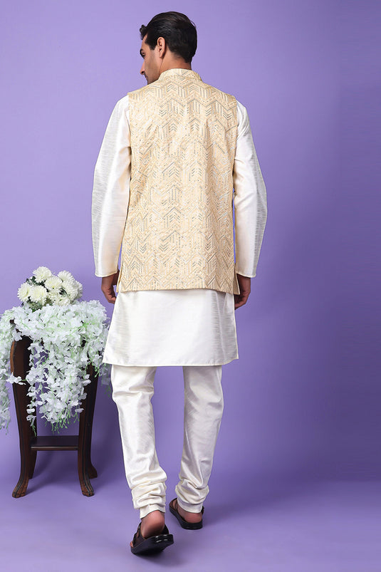 Art Silk Beige Color Wedding Wear Readymade Designer Men Kurta Pyjama With Modi Jacket