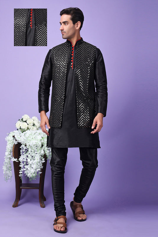 Black Color Sangeet Wear Readymade Lovely Art Silk Fabric Kurta Pyjama For Men With 3 Pcs Embroidered Jacket Set