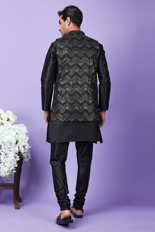 Black Color Gorgeous Art Silk Fabric Reception Wear Readymade Kurta Pyjama For Men With Embroidered Jacket