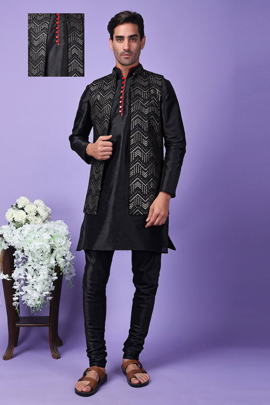 Black Color Gorgeous Art Silk Fabric Reception Wear Readymade Kurta Pyjama For Men With Embroidered Jacket