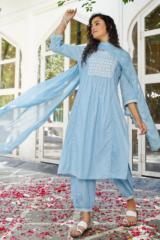 Cotton Fabric Sky Blue Color Delicate Readymade Suit With Fancy Work