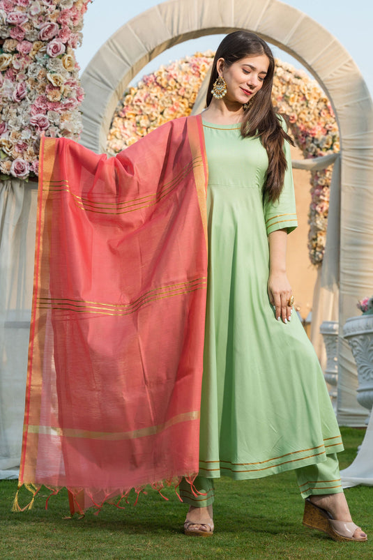 Soothing Fancy Work On Sea Green Color Rayon Fabric Readymade Suit