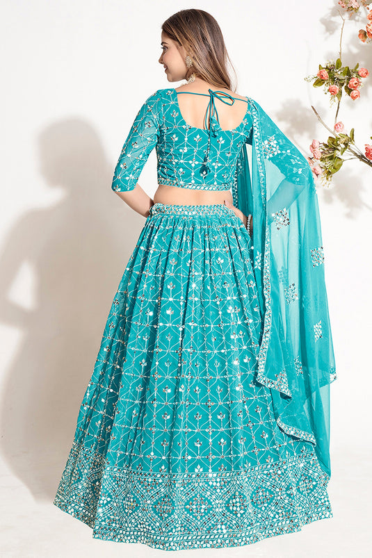 Georgette Fabric Cyan Color Beatific Look Sequins Work Lehenga