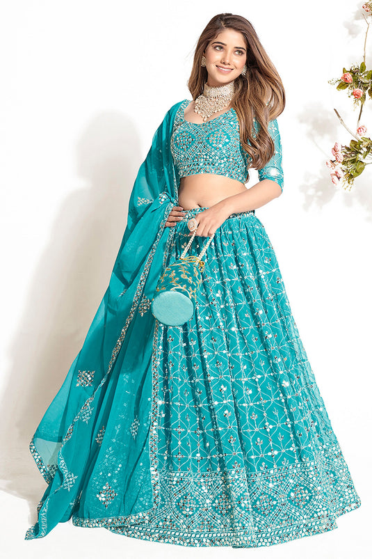 Georgette Fabric Cyan Color Beatific Look Sequins Work Lehenga