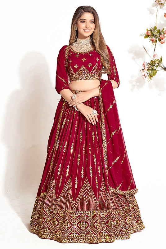 Febulous Georgette Fabric Maroon Color Sequins Work Lehenga