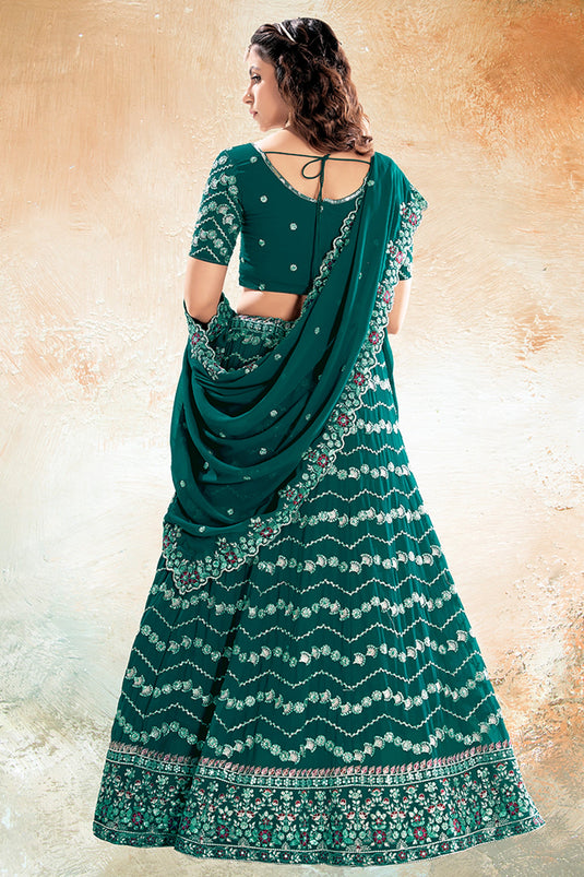 Georgette Fabric Captivating Dark Green Color Sequins Work Lehenga