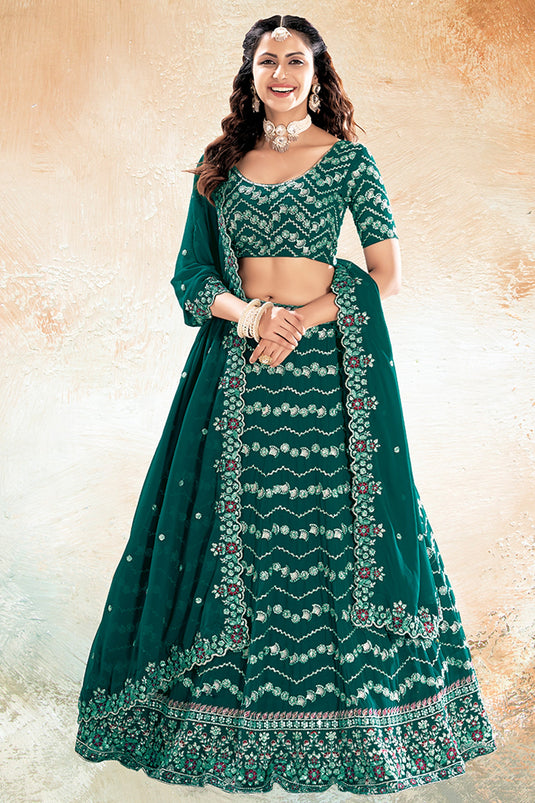 Georgette Fabric Captivating Dark Green Color Sequins Work Lehenga