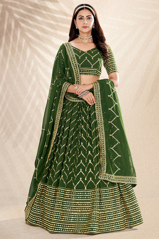 Green Color Georgette Fabric Glamorous Look Sequins Work Lehenga