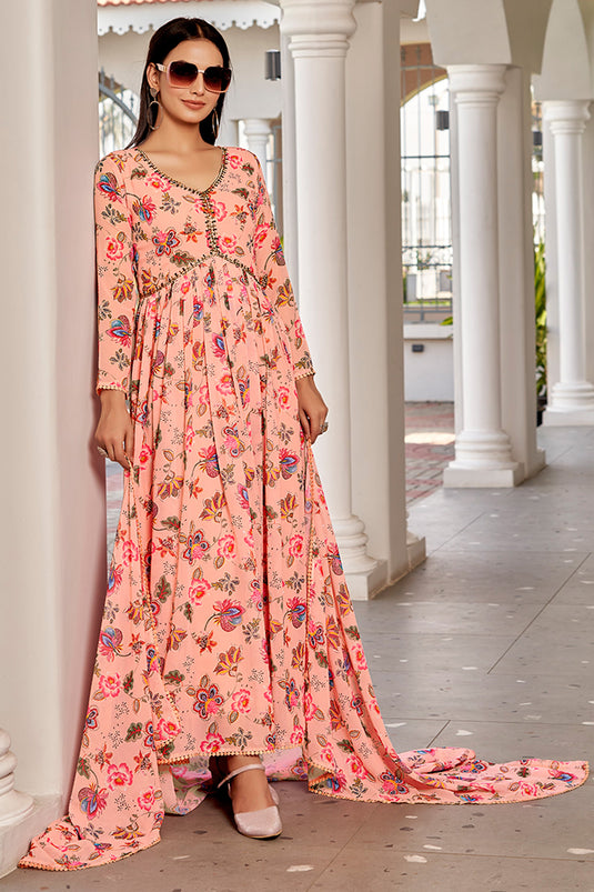 Phenomenal Floral Printed Peach Color Georgette Gown With Dupatta