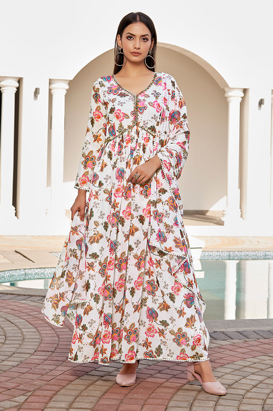 Glamorous White Color Floral Printed Georgette Gown With Dupatta