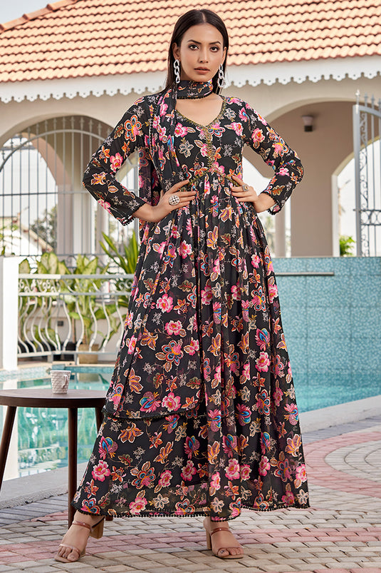 Black Color Gorgeous Floral Printed Georgette Gown With Dupatta