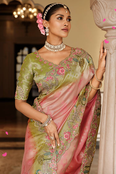Viscose Jacquard Embroidered Border Work Saree In Pink Color