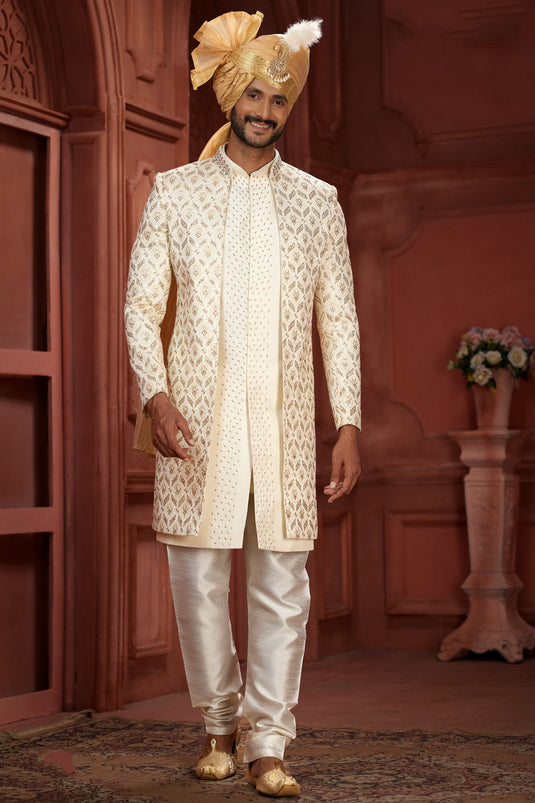 Dazzling Embroidered Work On Beige Color Readymade Sherwani In Silk Fabric