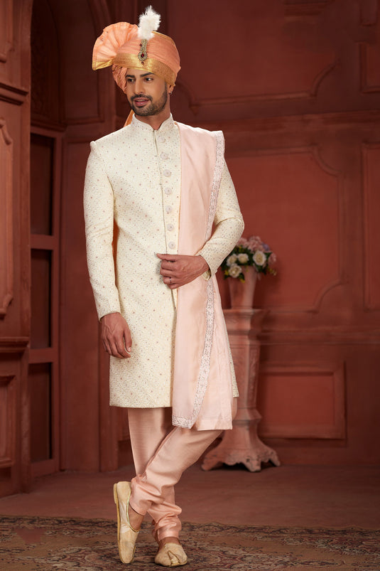 Entrancing Readymade Silk Fabric Sherwani In Beige Color With Embroidered Work