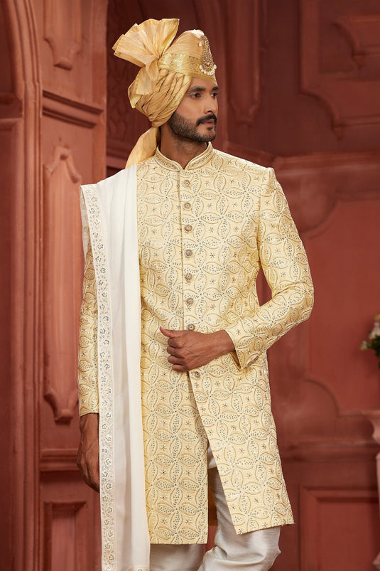 Charming Cream Color Silk Fabric Readymade Sherwani With Embroidered Work