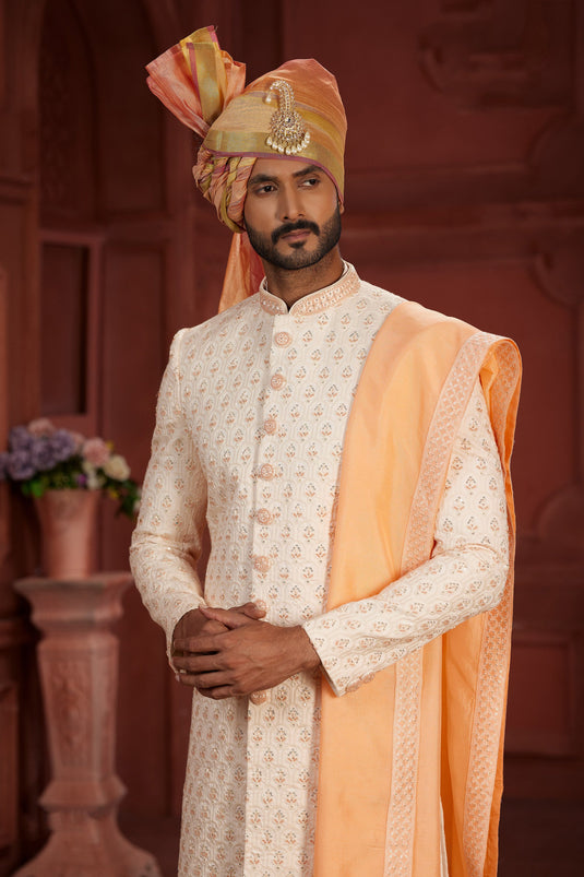 Excellent Silk Fabric Readymade Beige Color Sherwani With Embroidered Work