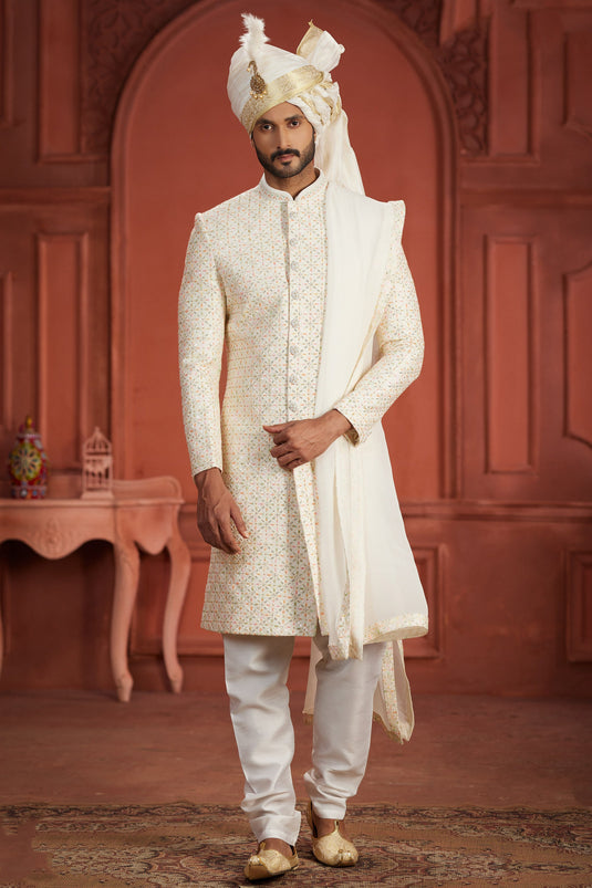 Beguiling Embroidered Work On Off White Color Silk Fabric Readymade Sherwani