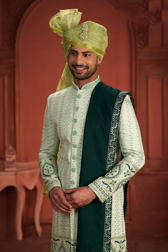 Incredible Embroidered Work On Silk Fabric Sea Green Color Readymade Sherwani