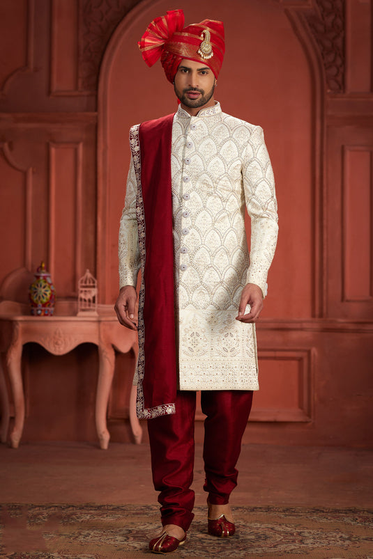 Tempting Off White Color Readymade Silk Fabric Sherwani With Embroidered Work