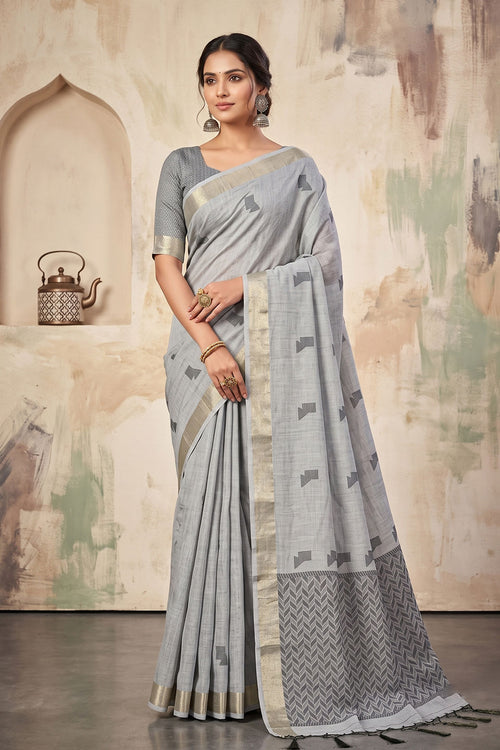 Border Work Linen Fabric Saree In Grey Color
