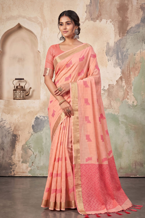 Peach Color Border Work Linen Fabric Saree