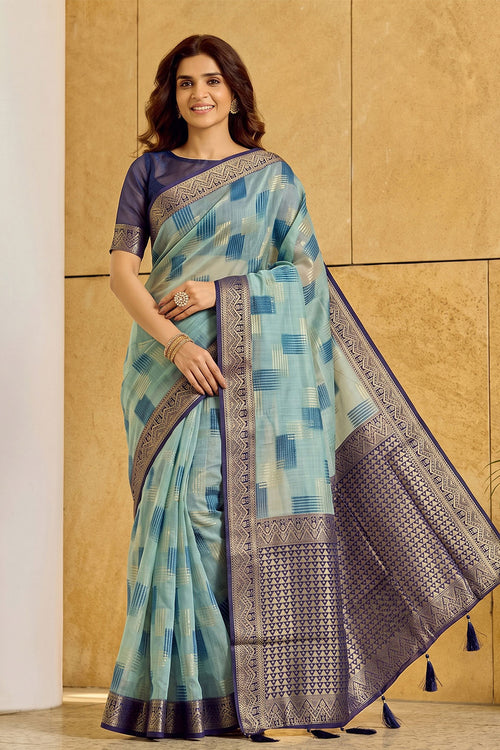 Linen Cotton Festive Style Sky Blue Color Saree