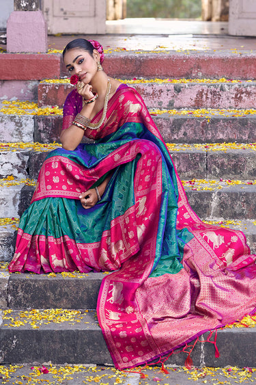 Engaging Teal Color Silk Fabric Saree With Weaving Work
